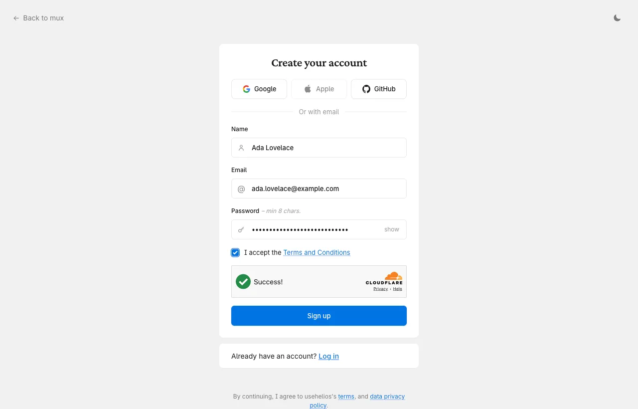 The sign-up form with a name, an email, a hidden password, the terms accepted and the Cloudflare check passed