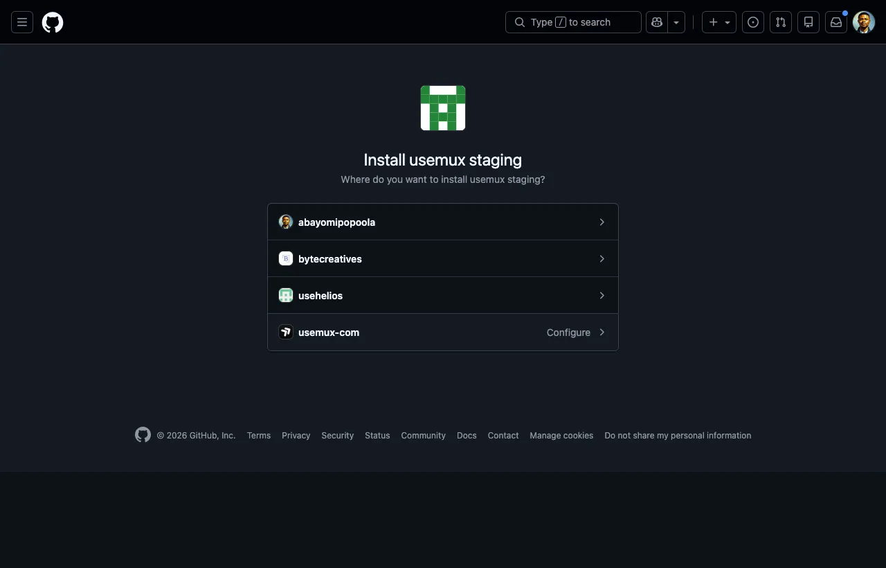 GitHub asking where to install the mux app, listing a personal account and organizations