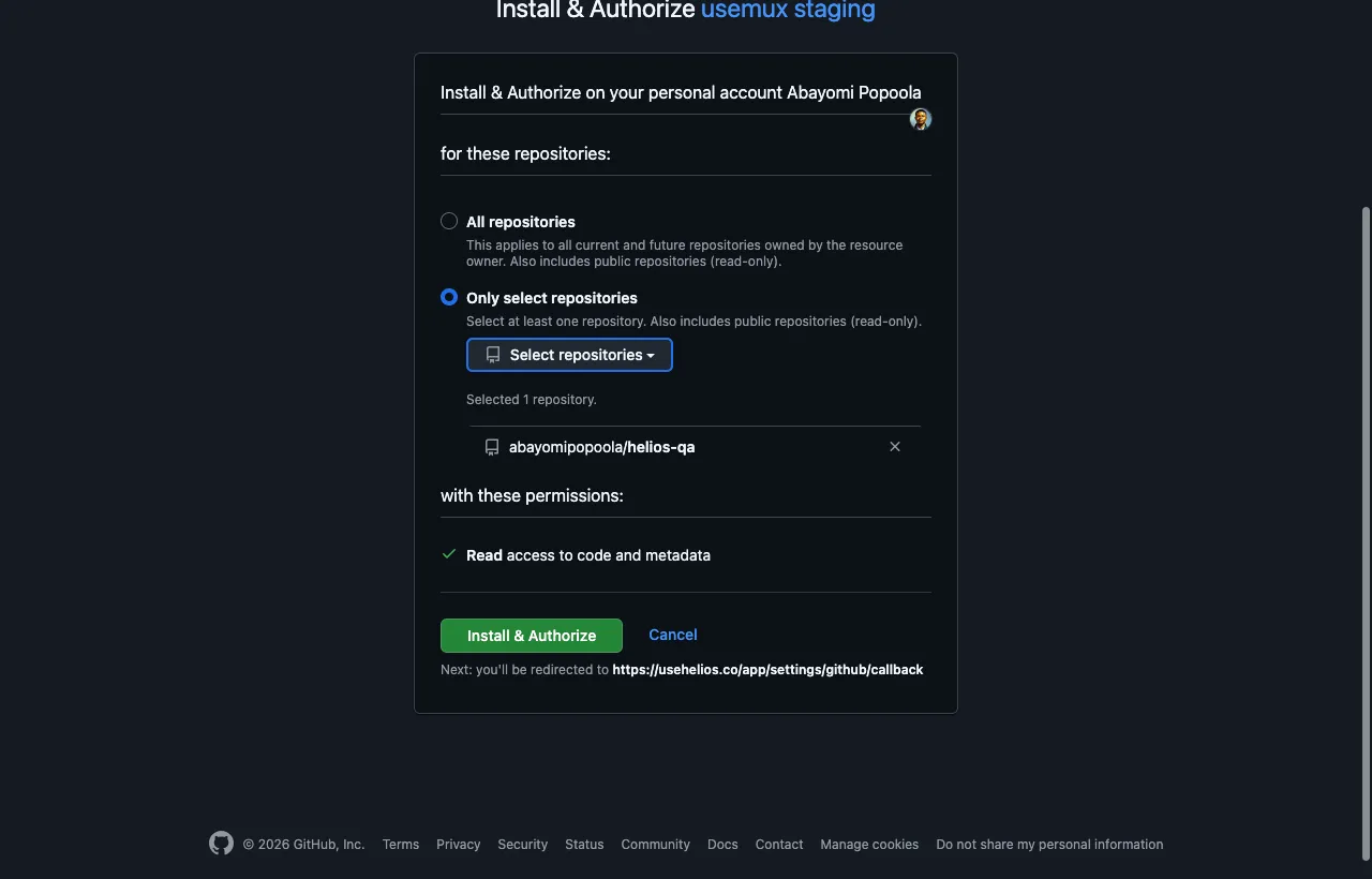 GitHub’s install screen with one repository selected and read-only access