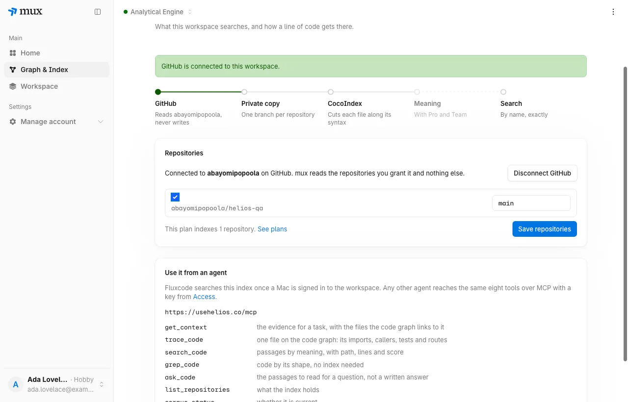 Graph &amp; Index connected to GitHub, with the repository ticked and the main branch