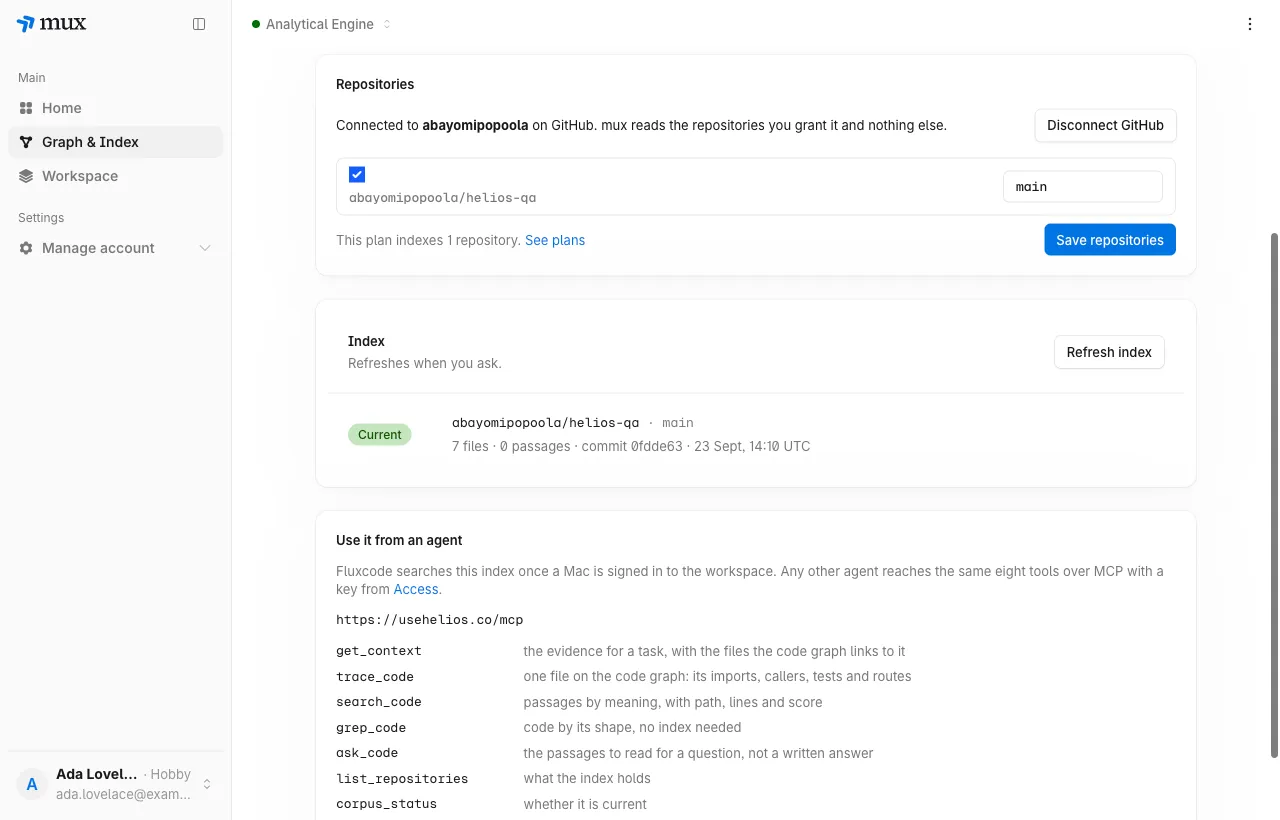 The Index card showing the repository current, with 7 files and the commit