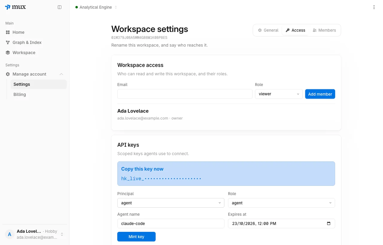 The Access page with a newly minted agent key, hidden, named claude-code