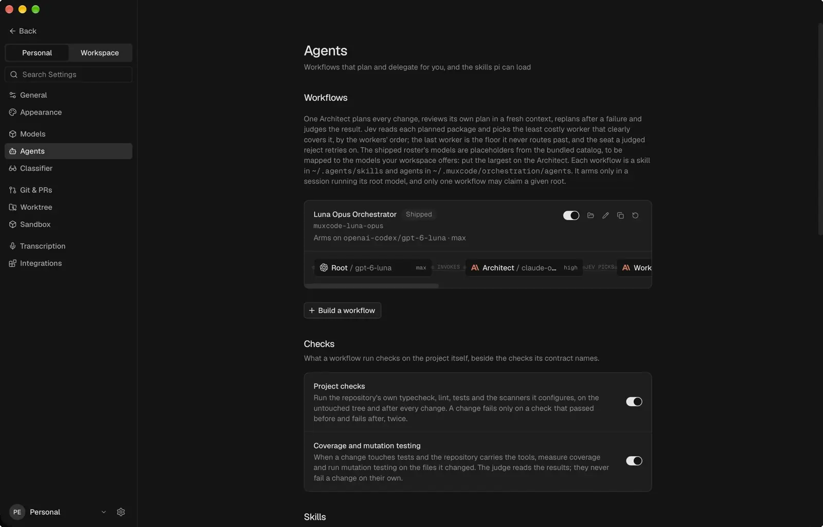 muxcode's Agents settings: workflows that plan and delegate, and the skills every agent can load.
