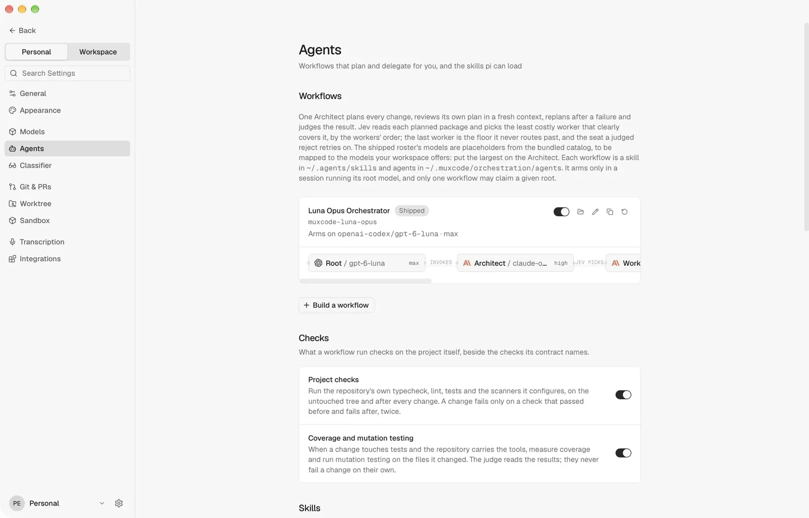 muxcode's Agents settings: workflows that plan and delegate, and the skills every agent can load.